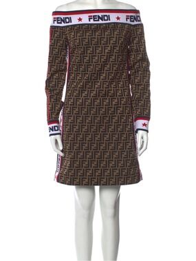 Fendi Brown FF-Logo Off-Shoulder Knit Dress with Red & White Trim size 44 M-L